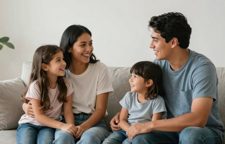 A heartwarming scene of a young Mexican family sitting on a sofa in a modern, minimalist sunlit living room. They are talking and laughing together. Professional photography with soft, warm lighting and a clean composition featuring light grey and slate blue tones.