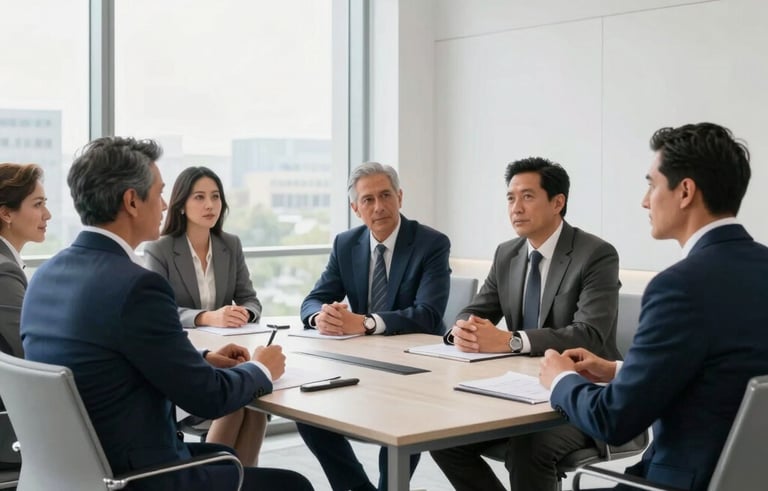 A group of professional Mexican business people having a collaborative meeting in a bright, modern corporate office. Minimalist furniture, large windows, professional photography, navy blue and light grey color palette.