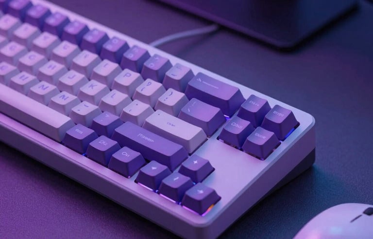 Close-up of a high-tech mechanical keyboard and a mouse on a dark desk in a modern North American office, soft purple and neon blue ambient light reflecting off the surfaces.