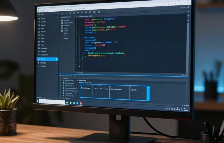 A sleek, high-end monitor in a dark North American home office displaying a complex code editor with neon blue highlights, cinematic lighting, shallow depth of field, professional developer atmosphere.