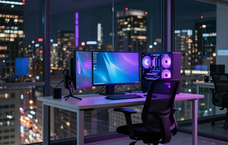 A professional developer working at a minimalist desk in a glass-walled office in a North American city at night, the room glowing with neon purple and blue accents from high-performance hardware.