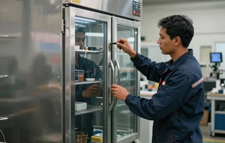 Professional photography of a modern industrial workshop in Pereira, South American &amp;amp;amp;#x2F; Colombian setting. A skilled technician in a professional uniform is polishing a newly fabricated stainless steel industrial refrigerator. Clean lighting, industrial vibe, with colors of dark navy blue and grey.
