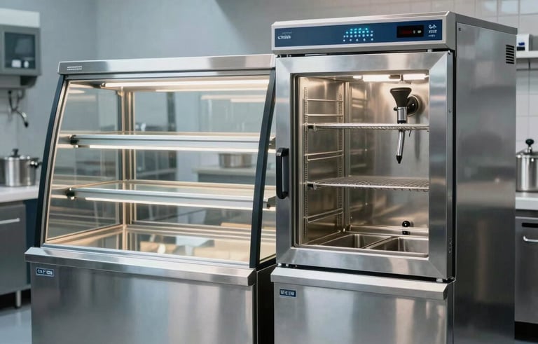 A high-end industrial kitchen equipment showroom in South America. Focused on a sleek, stainless steel bakery display case and a professional double fryer. The lighting is crisp and commercial, highlighting quality, with muted blue and light grey tones.