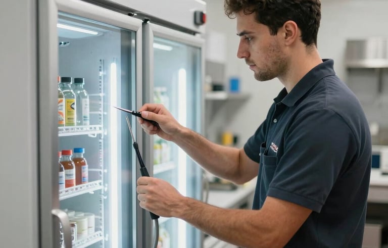 Professional photography of a technician performing maintenance on a large walk-in cold room in a restaurant kitchen in Colombia. The scene is bright and clean, showing precision tools and professional service. Background colors include soft grey and white.