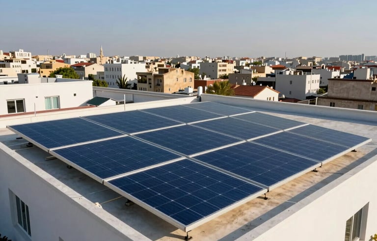 A wide-angle professional photograph of high-tech solar panels installed on a modern flat roof in a Middle Eastern / Turkish city. Bright afternoon sun, clear blue sky, sharp focus, clean and sustainable energy concept, incorporating shades of white and light blue from the palette.