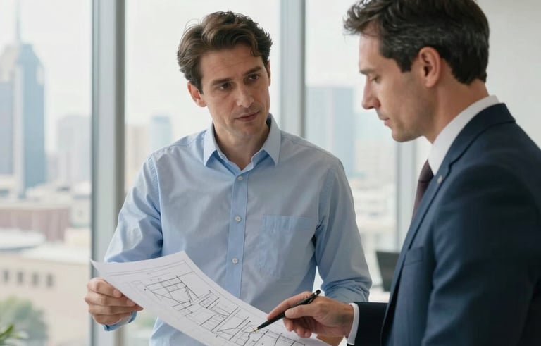 An energy consultant and a client reviewing technical blueprints in a bright, modern office with large windows overlooking a Middle Eastern / Turkish skyline. Soft morning light, professional atmosphere, palette highlights of light blue and white.
