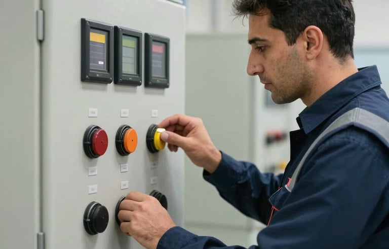Close-up of a technician in a dark blue safety vest checking a control panel in a Middle Eastern / Turkish industrial facility. Professional lighting, modern equipment, palette including off-white and medium blue, focusing on reliability and expertise.