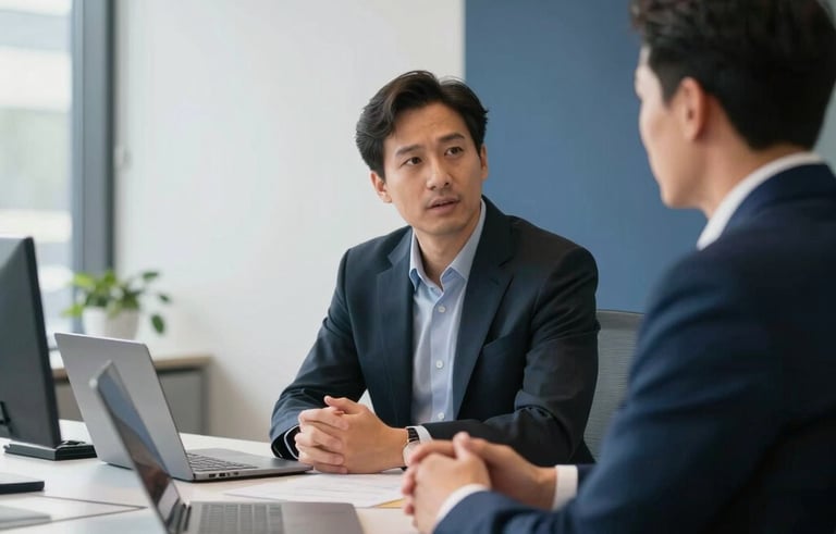 Professional North American office setting with soft natural lighting. A focused interview scene where two business professionals in modern attire are engaged in conversation across a sleek desk. Off-white walls and navy blue accents throughout the room create a reliable and sophisticated atmosphere.