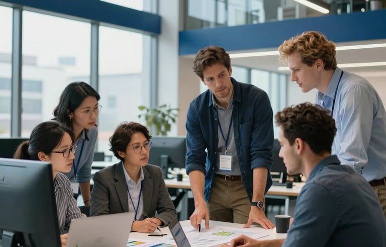 A collaborative high-tech workspace in a North American tech hub. A group of professionals in business casual attire are gathered around a modern workstation, discussing a complex project. The scene is bright with sky blue and navy blue architectural accents.