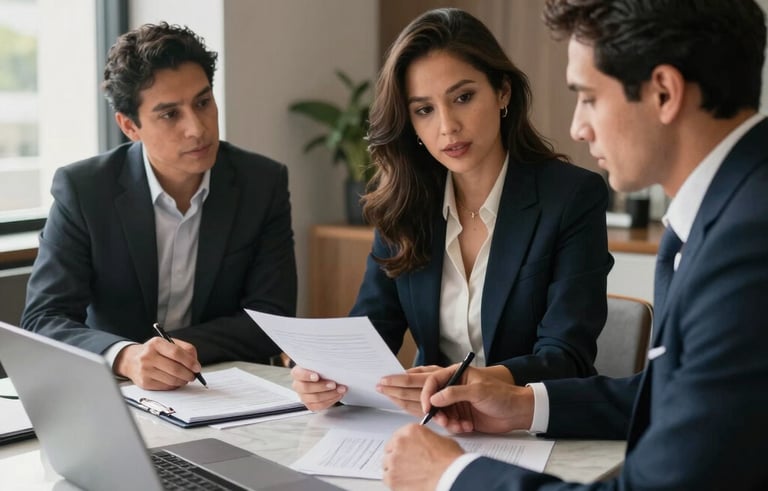 Sophisticated real estate agents in a modern office setting in Zapopan, discussing plans over a marble table, professional business attire, North American / Mexican style, soft morning light, focus on professional documents and a laptop, elegant and trustworthy atmosphere.