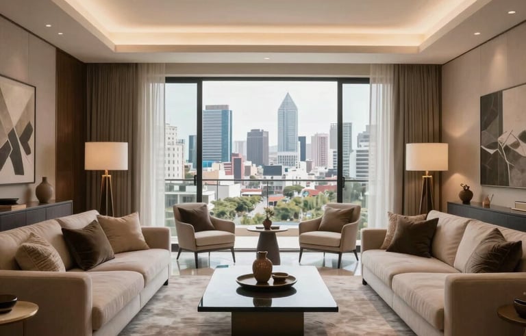 Elegant interior of a luxury apartment in Guadalajara with high-end furniture, warm lighting, and a view of the city skyline, North American / Mexican interior design, clean and sophisticated aesthetic, lifestyle photography.