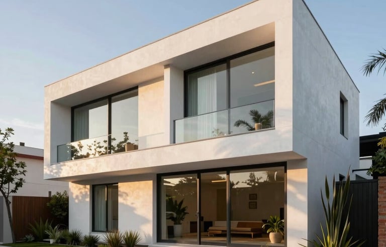 Luxury modern residential architecture in Guadalajara, exterior view of a high-end minimalist house with large windows, white concrete walls, and elegant landscaping during the golden hour, North American / Mexican style, professional architectural photography.