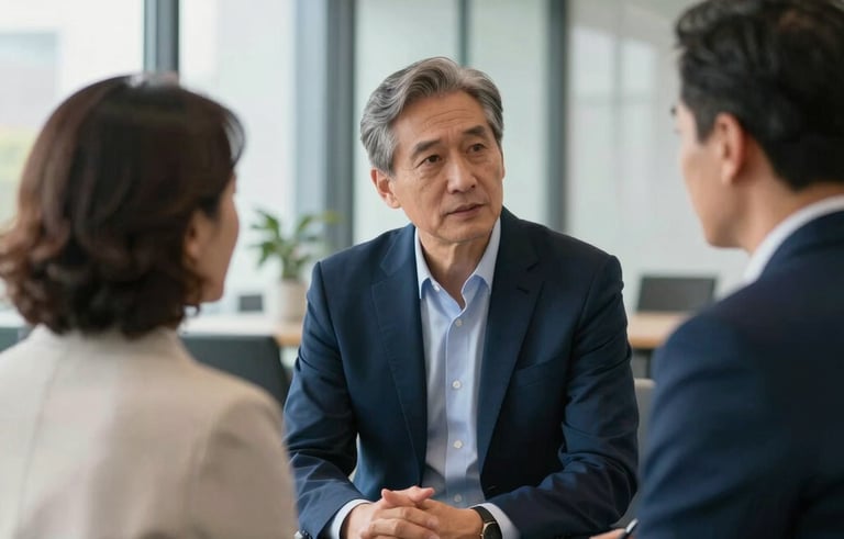 Professional photography of a financial advisor in a modern, glass-walled North American office, consulting with a mature couple. Soft afternoon light, palette of navy blue and off-white in the background, sophisticated and trust-building atmosphere.