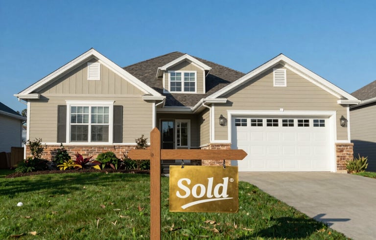 Sharp photography of a beautiful suburban North American home with a gold-colored 'Sold' sign on the manicured lawn. Clear blue sky, high-end real estate aesthetic.