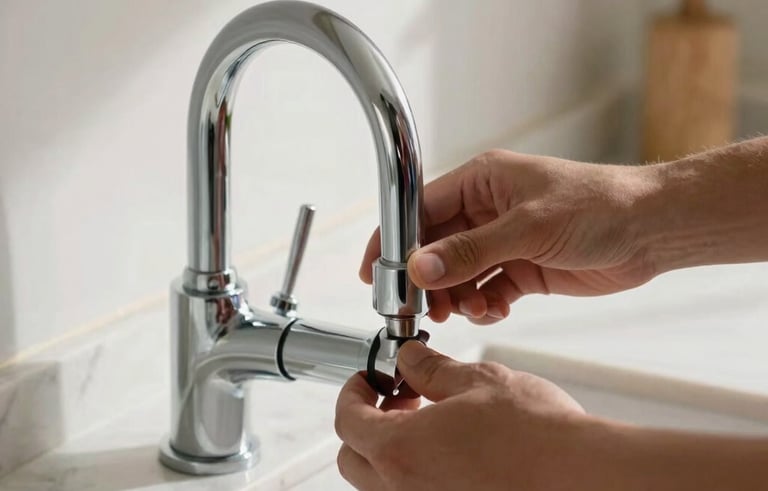 Close-up photography of professional hands installing a new chrome faucet in a bright Spanish / Andalusian kitchen. Light marble countertops, soft morning light, focused action, professional and clean style.