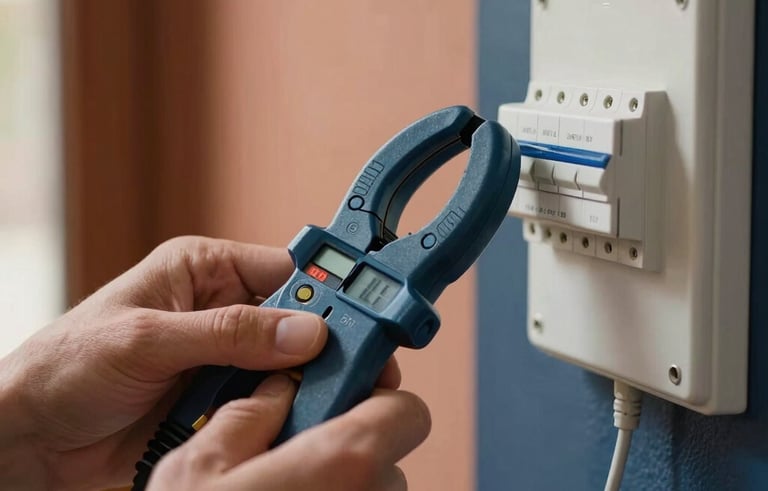 Close-up photography of professional hands in a Spanish / Andalusian home, using a digital ammeter clamp on a white electrical wire near a clean, modern circuit breaker panel. Soft, natural daylight, professional tools, terracotta and navy blue accents in the background.