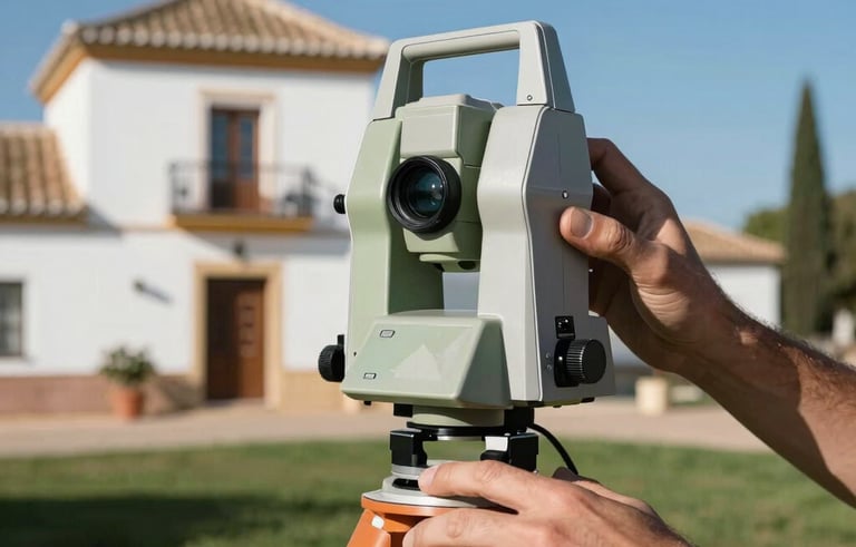Professional photography of hands operating a digital tellurometer on the grass outside a traditional white villa in the Spanish / Andalusian region. Bright sun, clear blue sky, focused on the measurement device and wires.