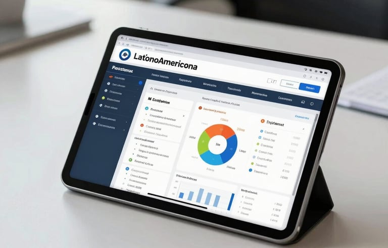 A professional business dashboard displayed on a modern tablet lying on a clean office desk in a Latinoamericana corporate setting, with soft natural light and a focus on clarity and efficiency.