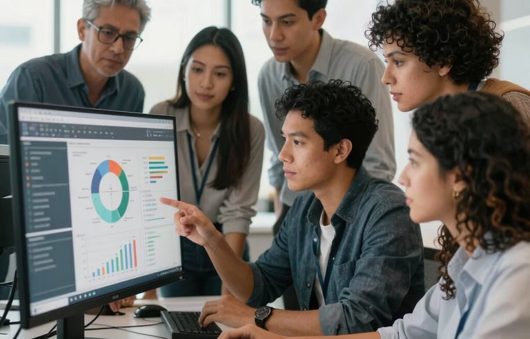 A professional team of diverse professionals in a bright, modern Latinoamericana office looking at a data analysis screen, representing teamwork and efficiency.