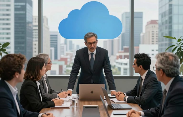 A high-level executive meeting in a sleek glass-walled boardroom in a Latinoamericana city, showing professionals collaborating with digital cloud technology icons subtly reflected.