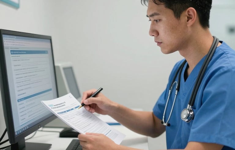 A professional North American healthcare administrator in a clean, modern medical office setting, reviewing insurance verification documents on a computer screen, royal blue and white color palette, professional lighting.