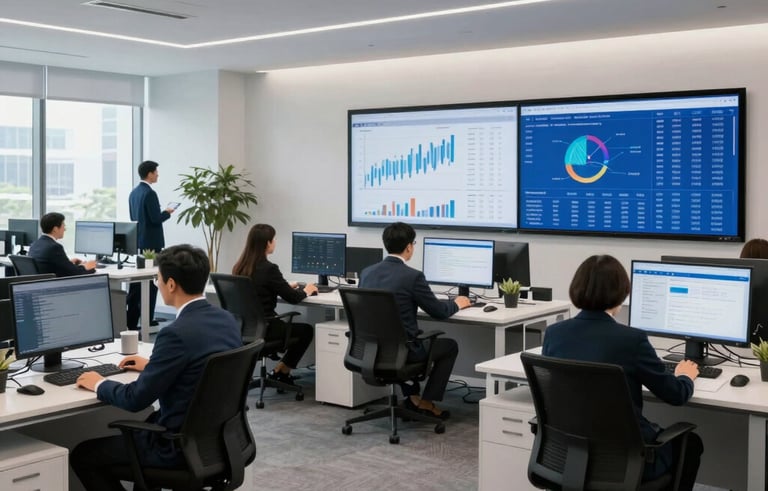 A wide-angle shot of a modern North American office where professional staff analyze financial health data on large screens, trustworthy atmosphere, white and grey environment with royal blue branding.