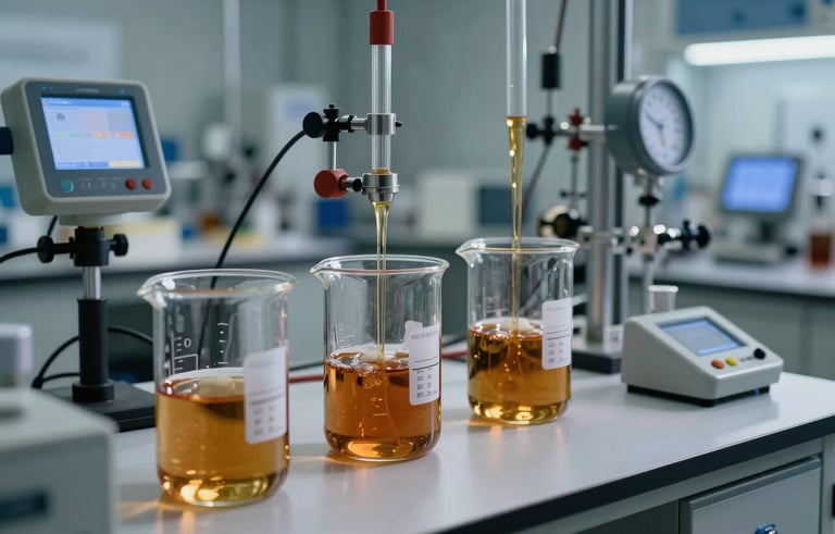 A focused shot in a technical oil field laboratory, glass beakers containing amber drilling fluids, precise digital measurement tools, cool grey and light blue lighting, atmosphere of innovative expertise, Global / Industrial.