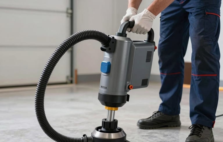A powerful hydro-jetting machine and a flexible sewer camera being used by a professional plumber in a modern North American / US garage. Clean environment, professional tools in dark blue and metallic gray, focused on efficiency and technology.