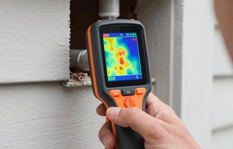 A close-up of a professional handheld thermal imaging leak detector displaying a heat map of a pipe behind a residential wall. North American / US architectural details, clean lighting, demonstrating modern technology and diagnostic expertise.
