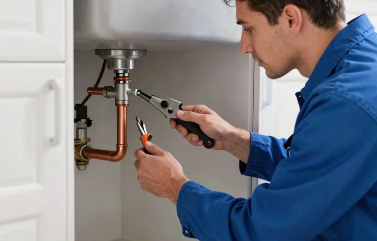 A professional plumber in a clean blue uniform working on a residential copper pipe repair under a sink. Modern North American / US kitchen setting, bright natural light, focusing on specialized plumbing tools and high-quality workmanship. Use of blue and light gray tones.