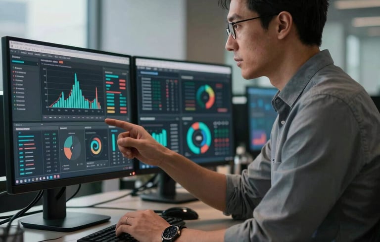 A professional digital strategist in a corporate North American office setting, reviewing real-time data on a high-resolution display. The composition uses cinematic lighting with deep shadows and steel gray tones.
