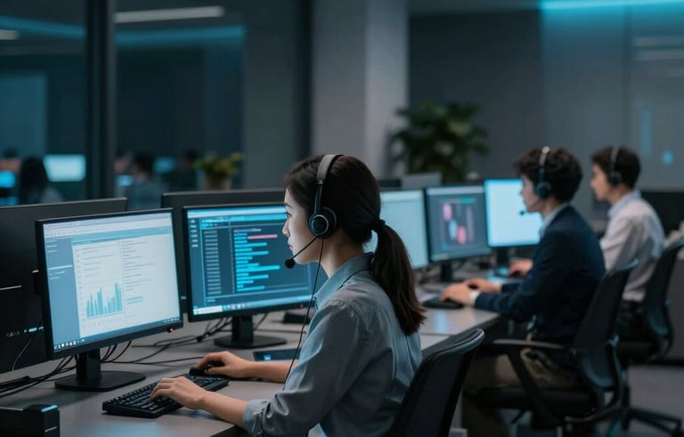 A sleek, modern North American call center floor at night. Professionals with headsets sit at minimalist dark desks with dual monitors. The room is illuminated by soft dark navy and cyan accent lighting, creating a professional and high-tech atmosphere.