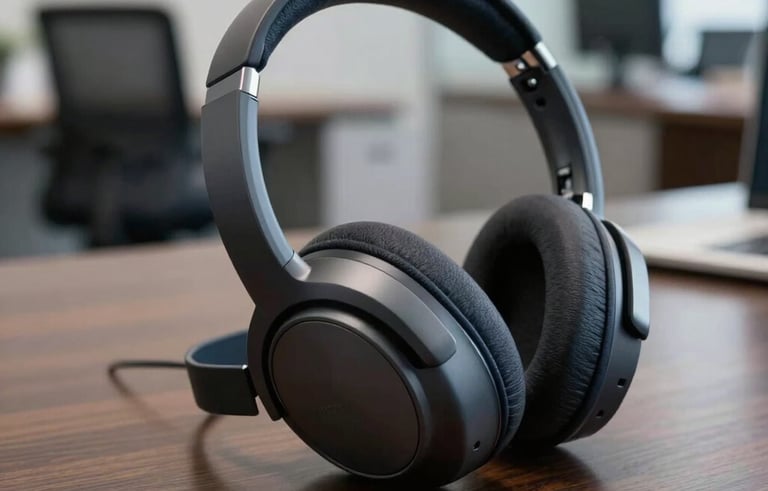 Close-up of a high-end noise-canceling headset resting on a dark wood executive desk in a professional North American corporate office. The background is softly blurred showing a modern workspace in dark navy and steel gray.