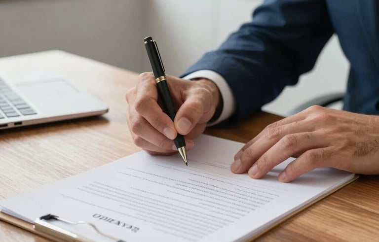 Close-up of professional hands signing a real estate contract on a polished wooden desk in a modern Brazilian office, bright natural light, crisp white-blue theme.
