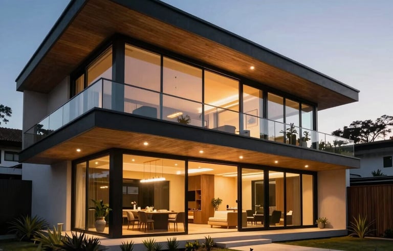 Wide-angle outdoor shot of a contemporary South American residence at dusk. Warm interior lighting, sleek glass architecture, professional and inviting atmosphere.