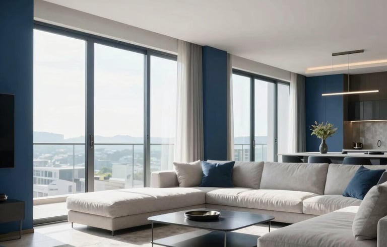 Professional architectural photography of a bright, modern living room in a high-end Brazilian apartment. Soft sunlight through large windows, clean lines, minimalist decor in steel blue and white tones, sharp focus.
