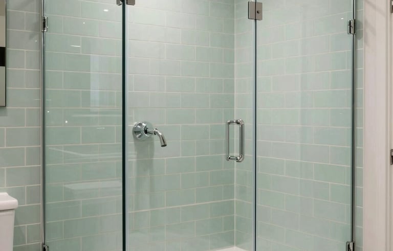 Clean photography of a luxury walk-in shower with seamless glass doors and soft mint green subway tiles. Polished chrome fixtures and a minimalist white porcelain tub in a bright Los Angeles bathroom setting.