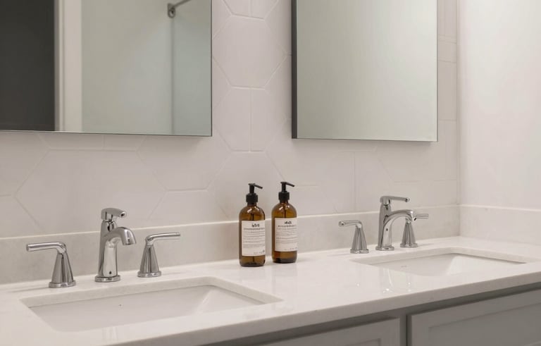 Detail shot of a contemporary dual bathroom vanity with white stone countertops and sleek light gray cabinetry. The wall features clean, white hexagonal tile work and polished modern mirrors in a North American home.