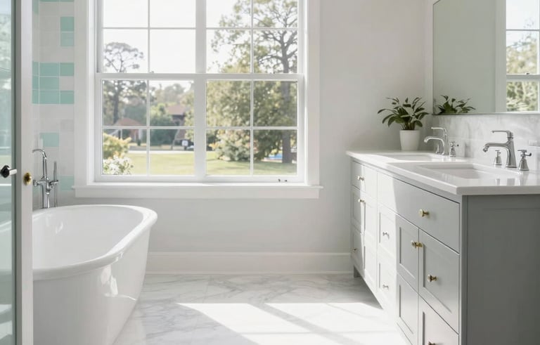 A bright and airy modern master bathroom in a North American home featuring white marble floors, a large vanity with light gray cabinetry, and natural light flooding through a large window. The atmosphere is fresh and revitalizing with subtle light aqua accents.