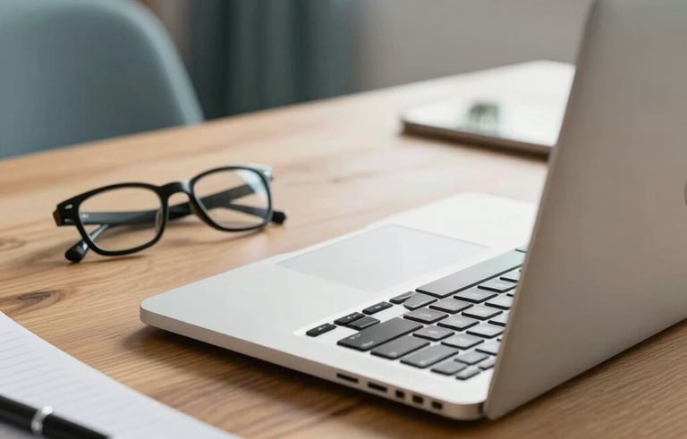 A close-up photograph of a professional workstation in a bright North American home office. A high-quality laptop is open on a clean wooden desk, with a pair of reading glasses and a notepad nearby. The lighting is soft and natural, emphasizing a sense of productivity and focused work, with hints of muted teal and light blue-grey in the decor.