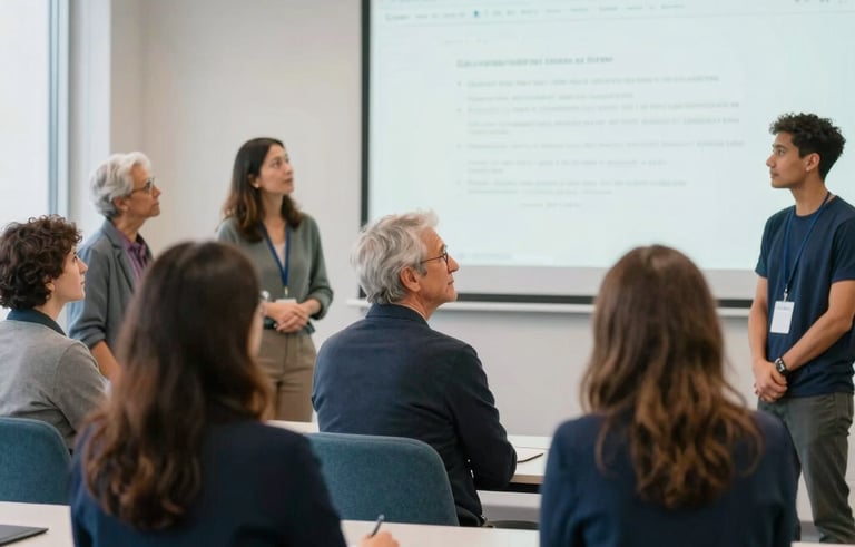 A candid shot of a small, diverse group of adults in a bright, modern learning environment in North America. They are looking at a presentation screen with expressions of hope and inspiration. The room is styled with clean lines, light-colored walls, and furniture in shades of navy and muted teal.