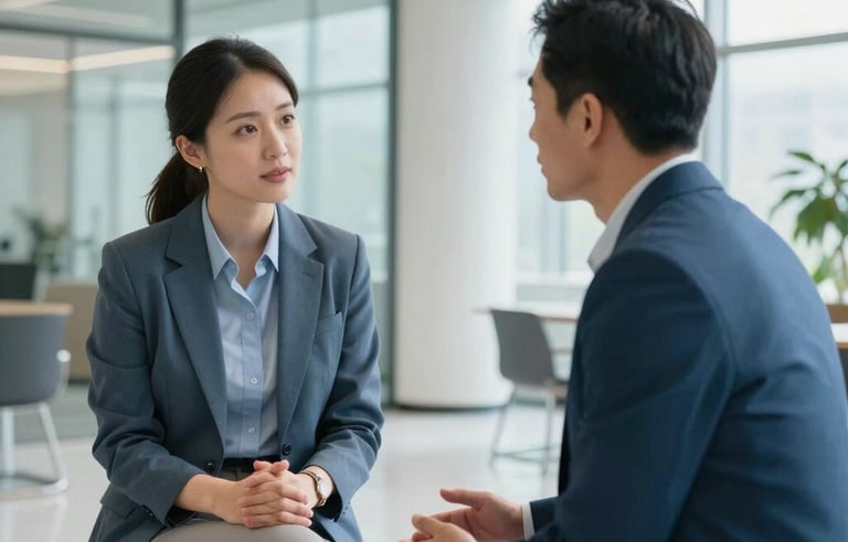 A professional photography shot of two people engaged in an encouraging conversation in a modern North American office lobby. One person is listening attentively, reflecting a coaching or mentorship dynamic. The environment is bright and airy with glass walls and professional attire, using a palette of slate blue and light blue.