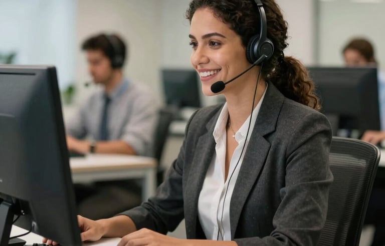 A modern call center office in Brazil. A South American professional woman wearing a headset is smiling while talking to a customer. Her desk is clean, featuring a computer and a soft blue notebook. The lighting is bright and warm. Depth of field with a blurred professional office background.
