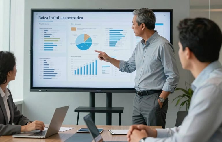 A professional South American boardroom meeting. Two executives are reviewing logistics charts on a large screen. The atmosphere is sophisticated with light grey and light blue tones, suggesting efficiency and strategic planning. Natural morning light, professional photography.