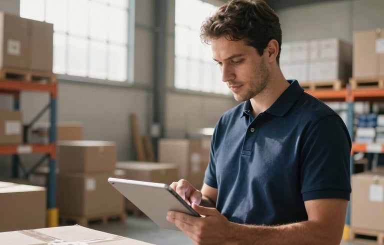 A professional and clean interior of a modern Brazilian warehouse. Sunlight filters through high windows onto organized storage racks. A focused logistics manager in a navy blue polo shirt is checking a digital tablet near shipping boxes. Sharp, realistic photography, medium shot.