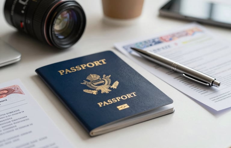 A clean, professional desk in a Colombian office setting featuring a blue American passport, a silver pen, and visa forms, soft focused background, professional macro photography.