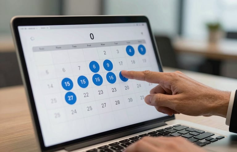 A close-up of a modern laptop screen showing a calendar with multiple blue circles around dates, a professional Colombian hand pointing at an earlier appointment, bright office lighting.