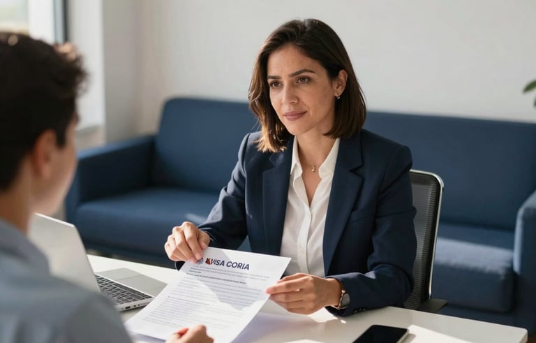 A professional South American / Colombian consultant in a bright, modern office with dark blue furniture, explaining visa application documents to a client, warm morning sunlight, professional high-end photography.