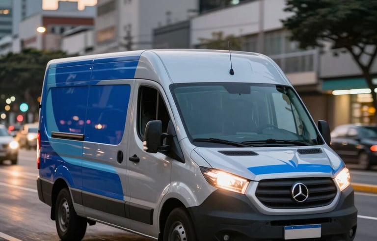 A modern silver delivery van with royal blue and light blue detailing driving through an avenue in a Brazilian metropolis at dusk. The city lights are blurred in the background, conveying speed.