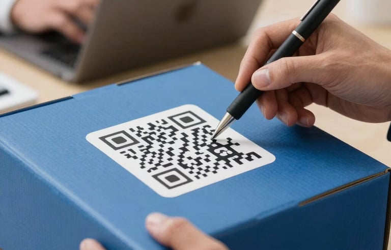 A close-up of a professional hand in a South American / Brazilian corporate setting using a tablet to scan a QR code on a medium blue courier box. Sharp focus, clean and professional lighting.